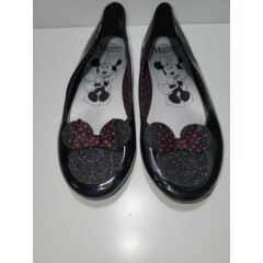 DISNEY Minnie Mouse Black Patent Flat Shoe Hot Pink Polka Dot Bow Glitter Size 2