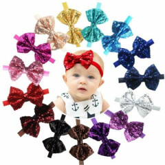 15pcs Baby Girl Headbands Sparkly Glitter Sequins 4" Big Hair Bows Ribbon Soft