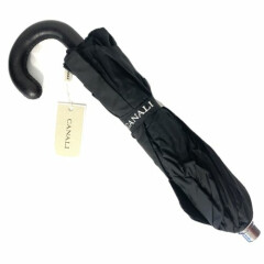 CANALI Nylon Canopy Leather Handle Umbrella Black Medium (MSRP $250)