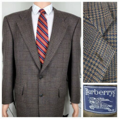 Vintage Burberry Suit Jacket Men's 44R Blazer Brown Plaid Sport Coat 2 Buttons