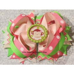 Pink Green Polka Dot Chevron Monkey Bottlecap Hair Bow 4 1/2"