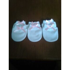  3 pairs of newborn baby girls white anti scratch mittens and pink bows new 