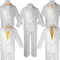 Baby Boy Teen White Satin Shawl Lapel Suits Tuxedo YELLOW Satin Bow Necktie Vest