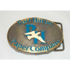 Vintage Port Huron Paper Company Metal Belt Buckle JJ Enamel Blue and White 