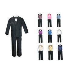 7pc Baby Kid Teen Boy Formal Wedding Black Suit Tuxedo + Satin Vest Bow Tie S-20
