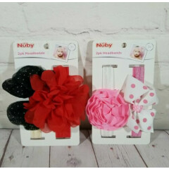 New 2x Nuby Headbands 2-Pack Pink/White Polka Dot & Black/Red Fits 3 Months & Up
