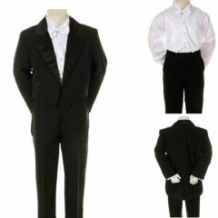 Black Toddler Boy Formal Tuxedo Tail Suit White Paisley Vest+a free black bowtie