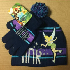 Tinkerbell Girls Pompom Beanie Hat & Gloves ~ Disney Fairies Glitter Applique