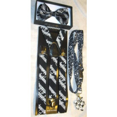 Black White MUSICAL NOTES PIANO KEYS Suspenders,Lanyard&matching Bowtie Bow Tie