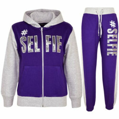 Kids #SELFIE Purple & Grey Tracksuit Sequin Embroidered Hoodie Jogger Girls 5-13