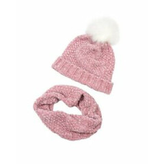 3POMMES Girl's Hat with Pompom and Snood Set in Pink, Sizes 4-12