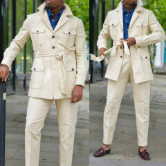 Men Linen Suits Safari Plus Size Jacket Vintage Multi Pockets Belt Pants 2pcs