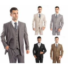Men's Three Piece Vested Suit Modern Fit Two Button Formal Solid Dress Suits Set