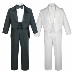 K 5pc Baby Toddler Boy Christening Baptism Formal Tail Tuxedo Suit White Black