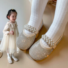 Children Pearl Round Toe Flat Pumps Girls Princess Crystal Rhinestone Dress Shoe