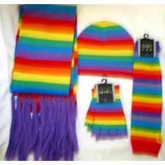 Gay Pride Rainbow Stripes Punk Hippie Scarf,Beanie,Arm Warmers+Fingerless Gloves