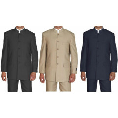 Men's Mandarin Collar Pin Stripe Church Suit Color Black Tan Navy Size 38R~56L