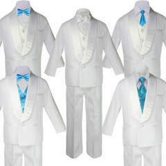 Baby Teen White Satin Shawl Lapel Suits Tuxedo AQUA BLUE Satin Bow Necktie Vest
