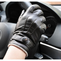 Men's Black Deluxe Fashion Genuine Goat Leather Wrist Gloves 3Lines Touch Screen
