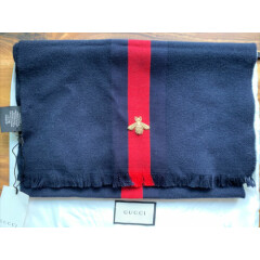 NEW GUCCI MIDNIGHT BLUE WOOL CASHMERE WEB BEE EMBROIDER SHAWL WRAP SCARF UNISEX