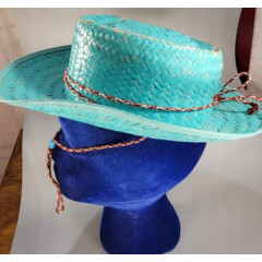 Vintage Infant/ Childs Straw Cowboy Hat Turquoise Color 4Th Of July Sun Hat