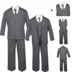 6pc Baby Toddler Boy Dark Gray Formal Wedding Party Tuxedo Suit Dot Necktie S-20