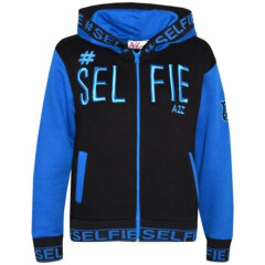 Kids Girls Boys Jacket #Selfie Embroidered Blue Zipped Top Hooded Hoodie 5-13 Yr