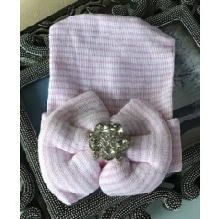 Pink bow jeweled hospital hat, shower gift, newborn, handmade