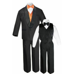 Boys Satin Shawl Lapel Suits Tuxedos EXTRA Orange Bow Tie Vest Sets Outfits S-18