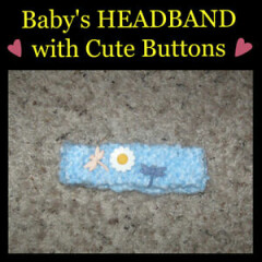 BABY HEADBAND Blue White Knit Cute Buttons Handmade - USA by the Crafty Grandmas