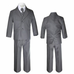 Baby Infant Toddler Kid Teen Formal Party Dark Gray Tuxedo 5pc Set Boy Suit S-20