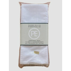 Perry Ellis 12 Pack White Handkerchiefs Permanent Press / Satin Cord 16" X 16"