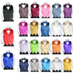23 Color Satin Bow tie Vest Set (2pc) Baby Boy Toddler 4 Tuxedo Suit Sm-7 New