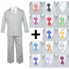 New 6pc Extra Neck tie + Boy Infant Toddler Light Silver Formal Suit Tuxedo S-20