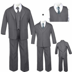 6pc Baby Toddler Boy Dark Gray Formal Wedding Party Tuxedo Suit Fashion Tie S-20