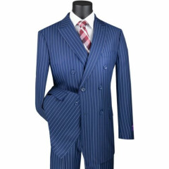 VINCI Men's Blue Pinstripe Double Breasted 6 Button Classic Fit Suit NEW