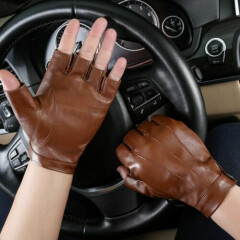 Men Half Finger Gloves Neutral Leather Goat Leather Black Camel Driving Mittens 