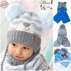Kids Baby Boys Hat With Scarf Knitted Autumn Winter Cap with Scarf Tie up Set 