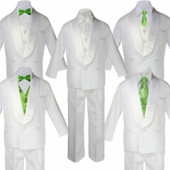 Baby Boy Teen White Shawl Lapel Party Suit to Choose LIME Satin Bow Necktie Vest