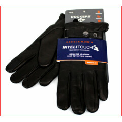 Dockers Mens LEATHER GLOVES - Heat Retention Lined - Touch Screen Black - LARGE