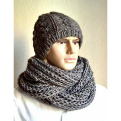 Hand knitted men's alpaca wool hat & snood scarf set