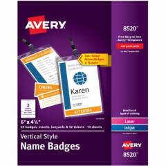 Avery Name Badge Kit w/Badges/Lanyards/Tickets 25/PK WE/CL/BK 8520