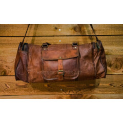 New Men's genuine Brown Leather Retro vintage Large Round duffle travel gym bag 