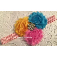 Yellow Turquoise Pink Jeweled Triple Shabby Flower Headband