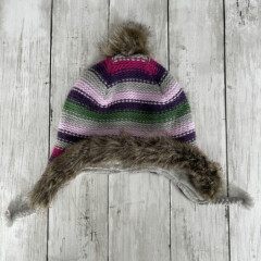 PREOWNED JANIE & JACK CHRISTMAS CAP STRIPE FUR WINTER HAT 6 TO 12 MONTHS GREY