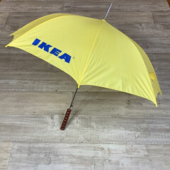 IKEA Yellow Handheld Umbrella with Wooden Handle 34.5" long Blue IKEA Lettering 