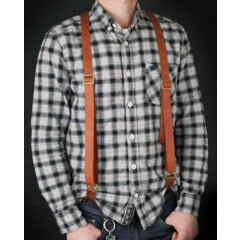 Leather suspenders on buttons for men's in Brown color