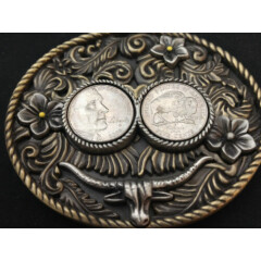 Buffalo Nickel Coins In Belt Buckle Western Theme Cow Skull 3 3/8" x 3"