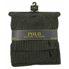 New Polo Ralph Lauren Men's Charcoal Gray Wool Ribbed Hat & Scarf 2 Piece Set