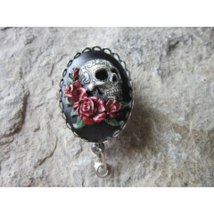 Skull and Roses Hand Painted Cameo ID Badge Holder - Lanyard - Goth - Red/Green